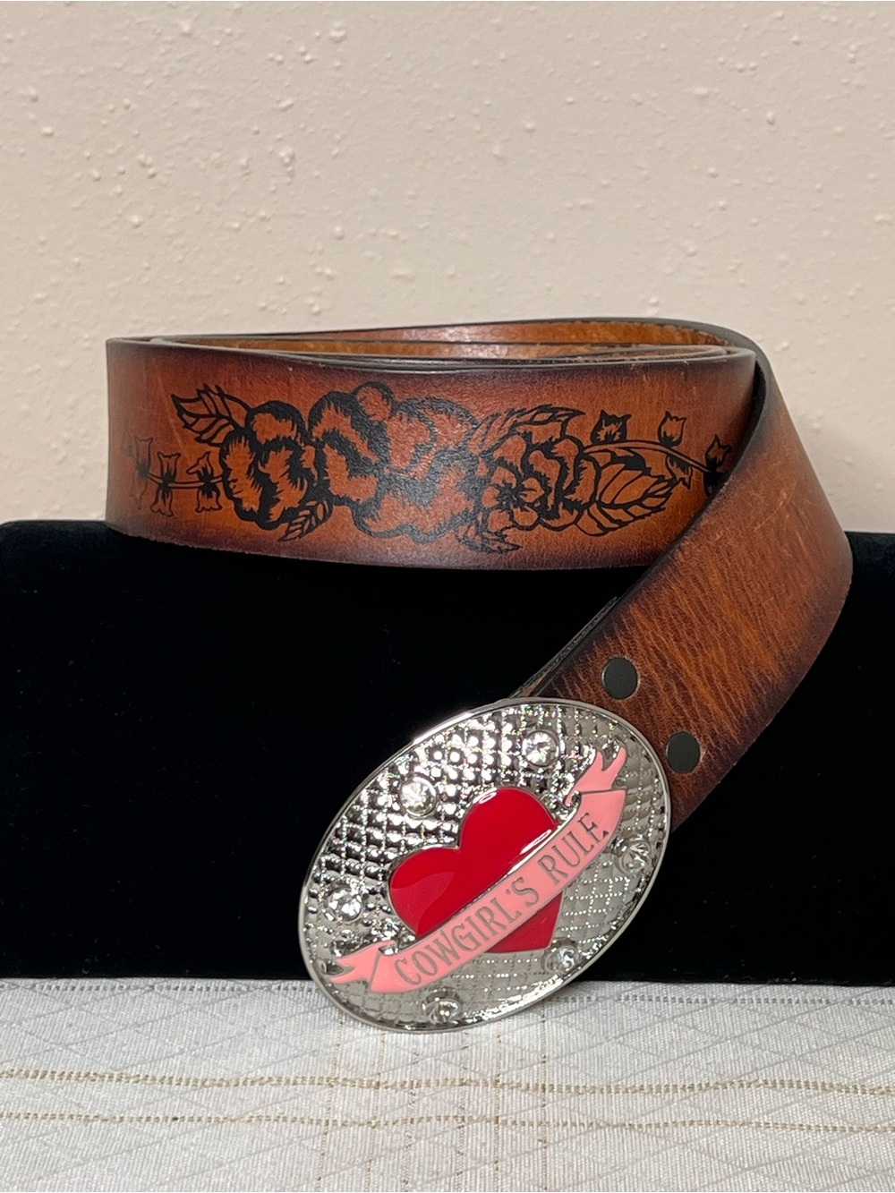 Honest By BRIGHTON Brown Leather Belt Floral Pattern 34” Cowgirl’s Rule Buckle